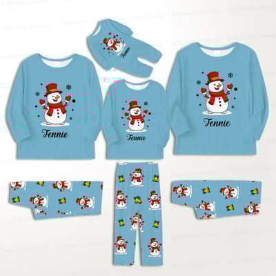 Personalized Blue Snowman Family Christmas Pajama Set with Pet Outfit