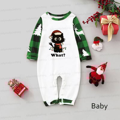Funny Christmas Cat What? Family Pajamas with Green Reindeer Plaid Pants