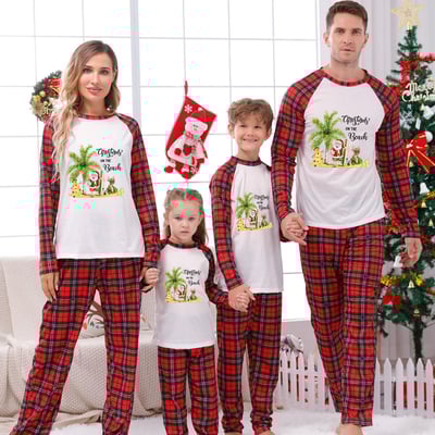 Family Christmas Pajamas Christmas on the Beach Santa Palm Tree Red Plaid Design