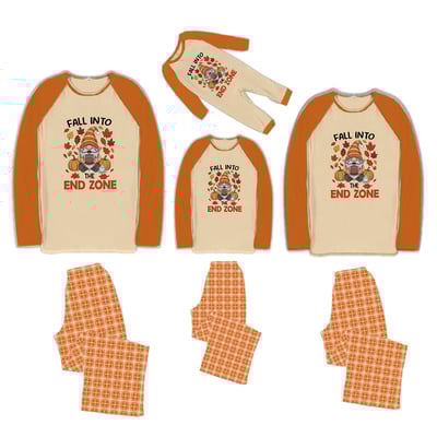 Football Gnome Thanksgiving Family PJs Beige Orange Raglan Plaid Set