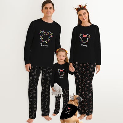 Custom Name Mickey Mouse Family Matching Pajamas Christmas Lights 