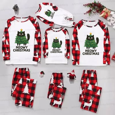 Family Christmas Pajama Set Meowy Christmas Cat Design in Red Reindeer Check