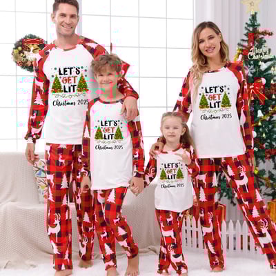 Let's Get Lit Christmas Red Buffalo Plaid Family Matching Pajamas