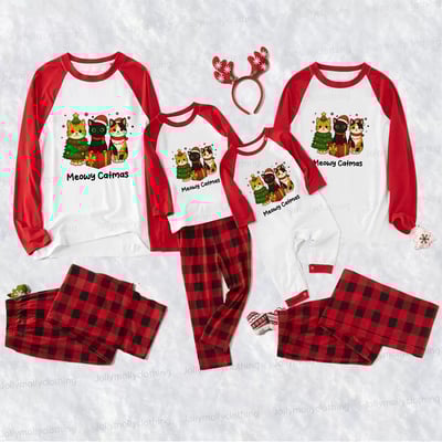 Christmas Cat Squad Matching Family Pajamas in Red Buffalo Plaid