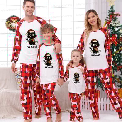 What? Christmas Cat Matching Family Pajamas with Red Plaid Reindeer Pattern