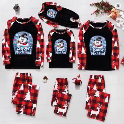 Snow Much Fun Snowman Matching Family Christmas Pajama Set Red Plaid