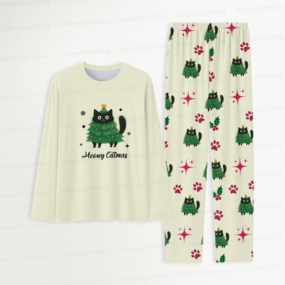 Meowy Catmas Matching Family Christmas Pajamas with Festive Cat Print and Pet Outfit
