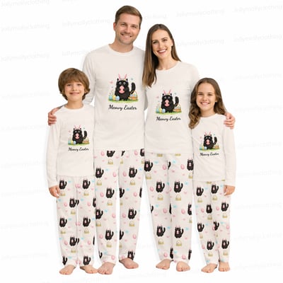 Meowy Easter Matching Family and Dog Pajamas Cream Long Sleeve Set