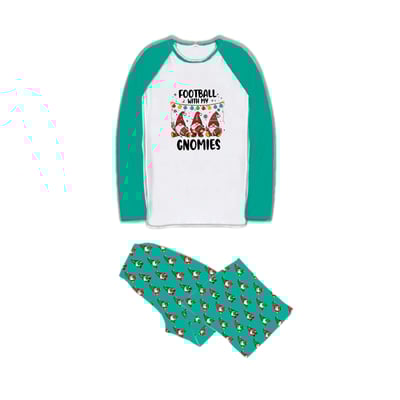 Football Gnomies Christmas Family PJs Teal White Raglan Gnome Print