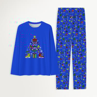 Blue Hockey Christmas Tree Family Matching Pajamas Set