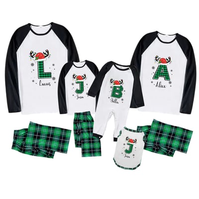 Custom Letter Christmas Green Plaid Family Matching Pajamas