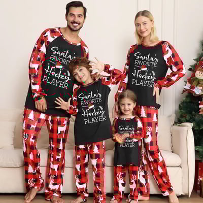 Black Red Santa's Favorite Hockey Player Family Matching PJs Reindeer