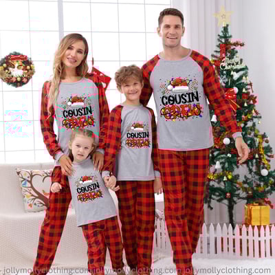 Gray Red Buffalo Plaid Cousin Crew Christmas Family Matching Pajamas