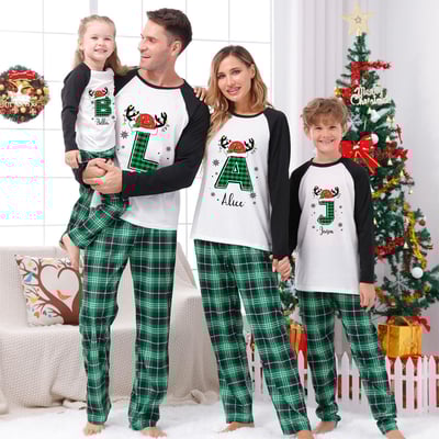 Custom Letter Christmas Green Plaid Family Matching Pajamas