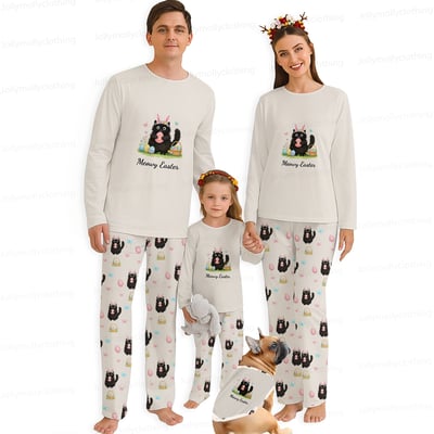 Meowy Easter Matching Family and Dog Pajamas Cream Long Sleeve Set