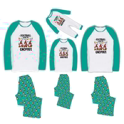 Football Gnomies Christmas Family PJs Teal White Raglan Gnome Print
