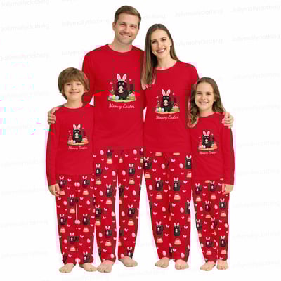 Meowy Easter Matching Family Pajamas Red Long Sleeve Set