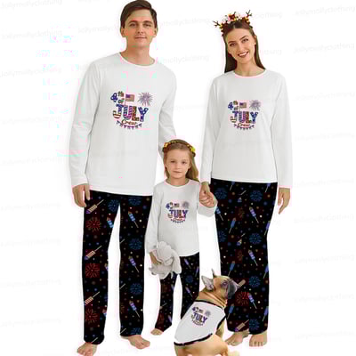Fourth of July Crew Matching Family Pajamas White Top Black Fireworks Pants