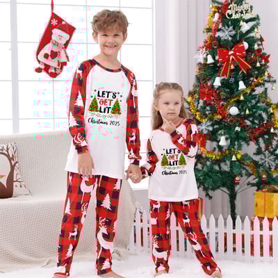 Let's Get Lit Christmas Red Buffalo Plaid Family Matching Pajamas
