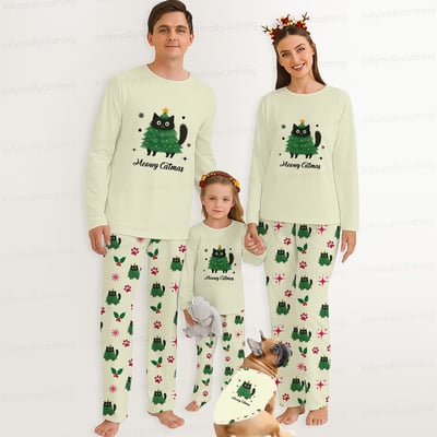 Meowy Catmas Matching Family Christmas Pajamas with Festive Cat Print and Pet Outfit