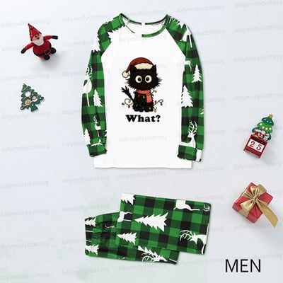 Funny Christmas Cat What? Family Pajamas with Green Reindeer Plaid Pants