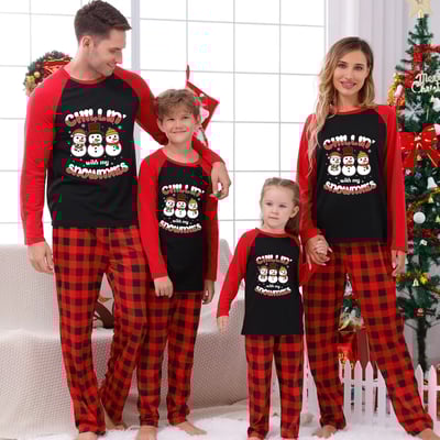 Christmas Family Matching Pajamas Chillin With Snowmies Black Red Plaid