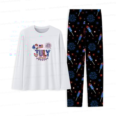 Fourth of July Crew Matching Family Pajamas White Top Black Fireworks Pants