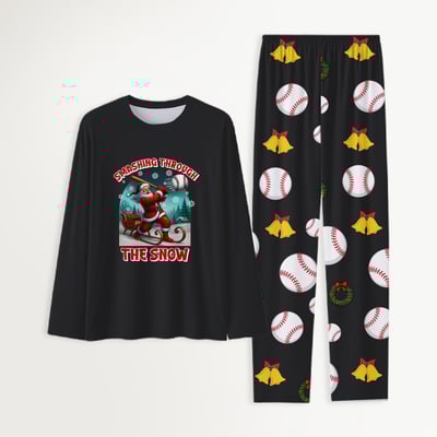 Festive Baseball Family Christmas Pajamas Smashing Through the Snow