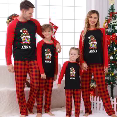 Personalized Christmas Gnome Family Matching Pajamas Red and Black Plaid Holiday Set