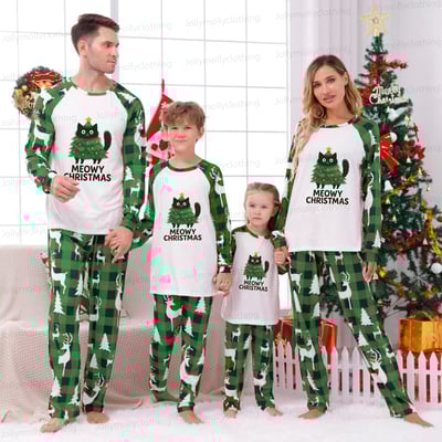 Green Family Christmas Pajama Set Meowy Christmas Cat