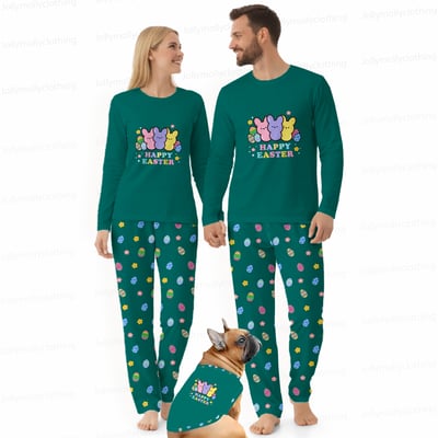 Matching Family Easter Pajamas Green with Dog Outfit Long Sleeve