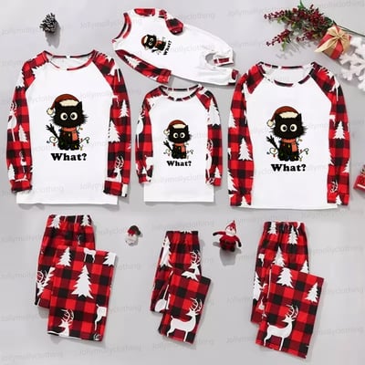 What? Christmas Cat Matching Family Pajamas with Red Plaid Reindeer Pattern