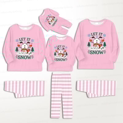 Let It Snow Pink Striped Family Christmas Matching Pajamas