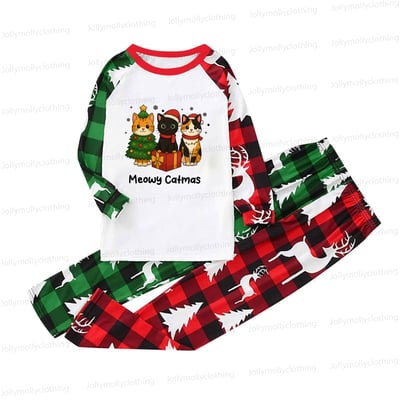 Christmas Cat Squad Family Pajama Set with Red and Green Plaid Holiday Print