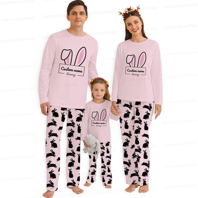 Personalized Bunny Family Pajamas Pink Long Sleeve Matching Set