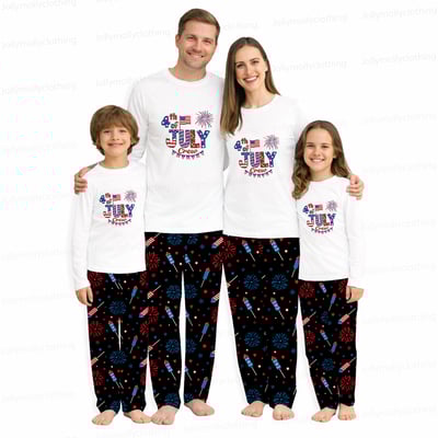Fourth of July Crew Matching Family Pajamas White Top Black Fireworks Pants