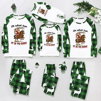 Festive Green Plaid Family Matching Pajamas Santa Horse Ride Design