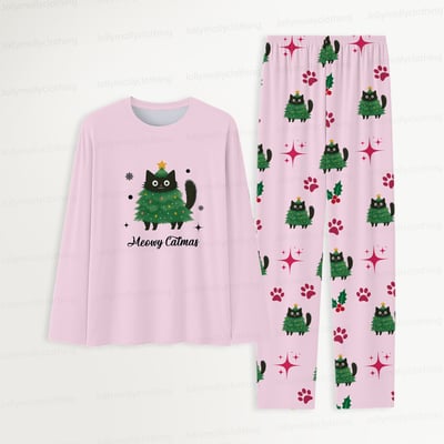 Pink Holiday Meowy Catmas Pajamas for Family and Pets with Cute Cat Print