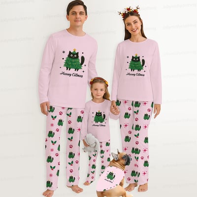 Pink Holiday Meowy Catmas Pajamas for Family and Pets with Cute Cat Print