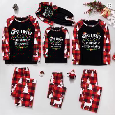Most Likely To Christmas Family PJs Red Reindeer Buffalo Plaid Set