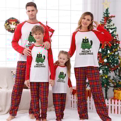 Meowy Christmas Cat Matching Family Pajamas with Red Plaid Pants