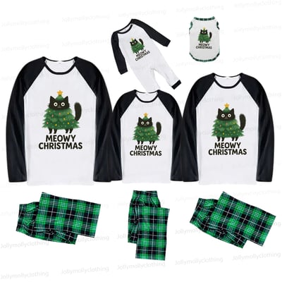 Green Plaid Meowy Christmas Cat Family Pajama Set