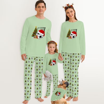 Soccer Santa Christmas Pajamas for Family and Pets Green Matching Set