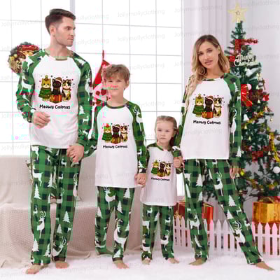 Christmas Cat Squad Meowy Catmas Matching Pajamas with Green Plaid Bottoms