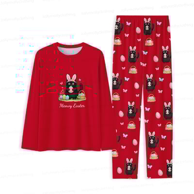 Meowy Easter Matching Family Pajamas Red Long Sleeve Set