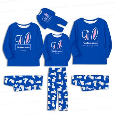 Personalized Bunny Matching Family Pajamas Royal Blue Easter Sleepwear