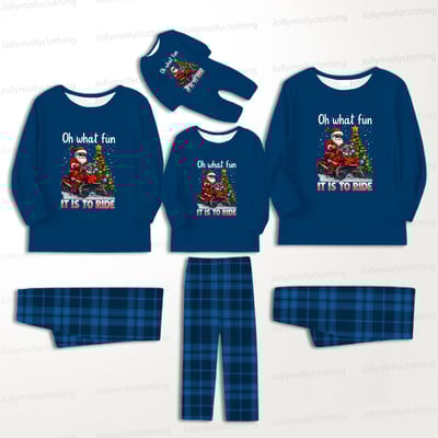 Santa on a Motorcycle Blue Family Matching Christmas Pajamas with Dog Outfit