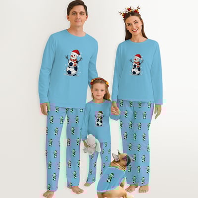 Blue Christmas Soccer Snowman Family Matching Pajamas