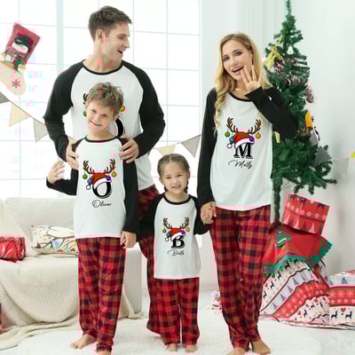 Custom Name Initial Christmas Family PJs Red Plaid Black