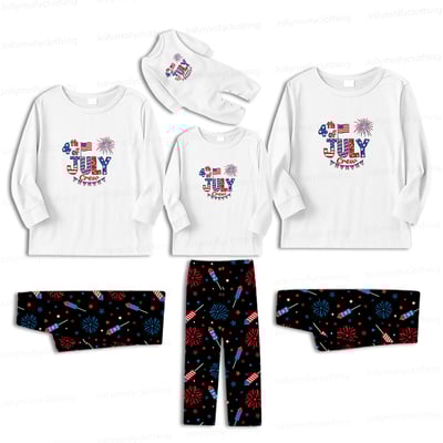 Fourth of July Crew Matching Family Pajamas White Top Black Fireworks Pants